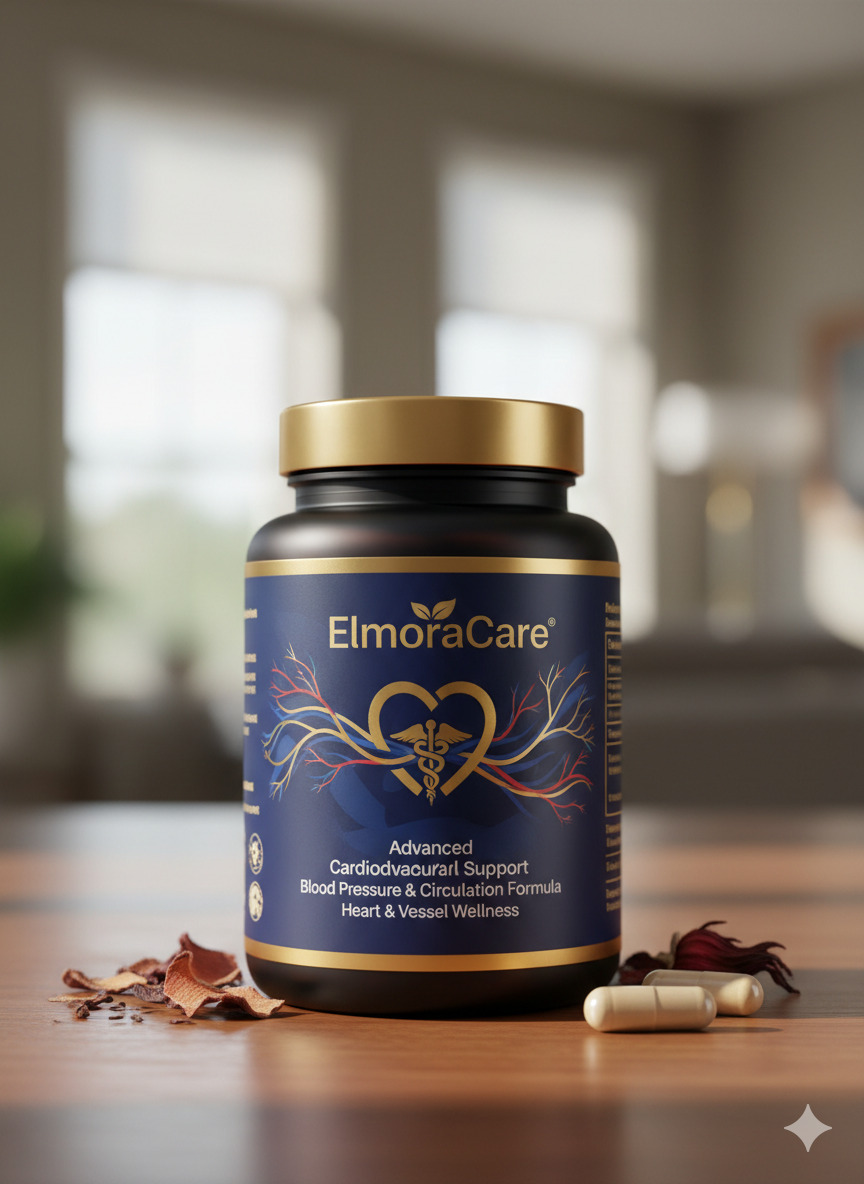 ElmoraCare food supplement bottle with visible labelling on a plain neutral background
